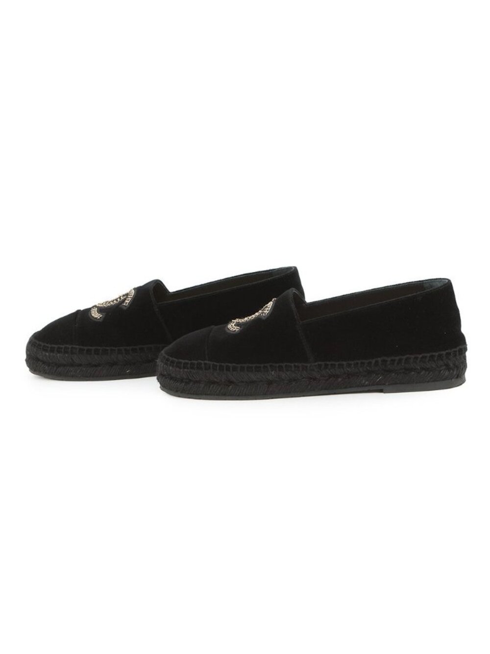 Chanel Espadrilles CC Logo Flat Shoes Velvet Raffia 39c Slip on Black - Picture 2 of 10